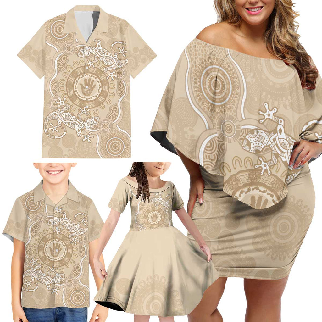 Beige Australia Lizard With Aboriginal Art Family Matching Off Shoulder Short Dress and Hawaiian Shirt