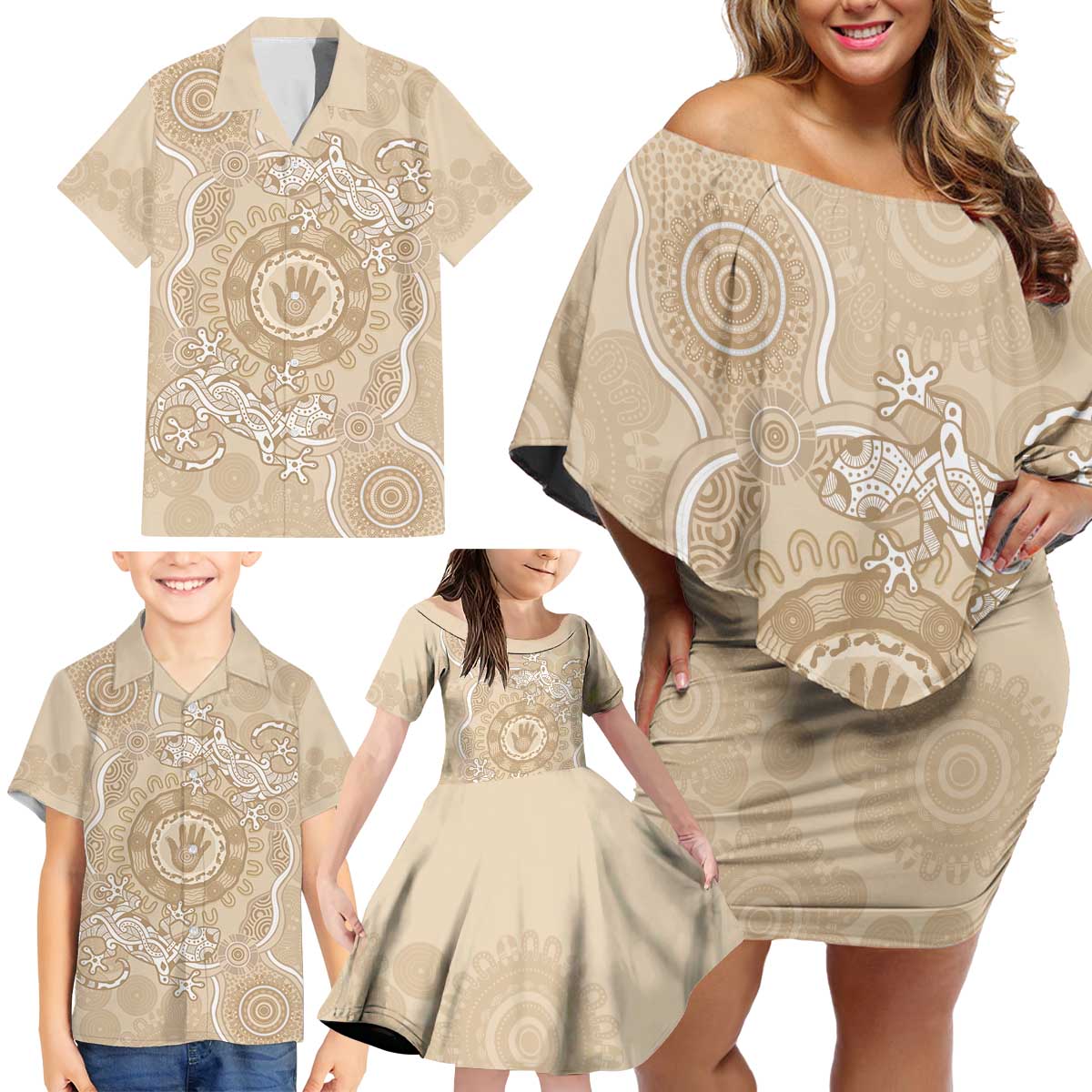 Beige Australia Lizard With Aboriginal Art Family Matching Off Shoulder Short Dress and Hawaiian Shirt