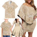 Beige Australia Lizard With Aboriginal Art Family Matching Off Shoulder Short Dress and Hawaiian Shirt