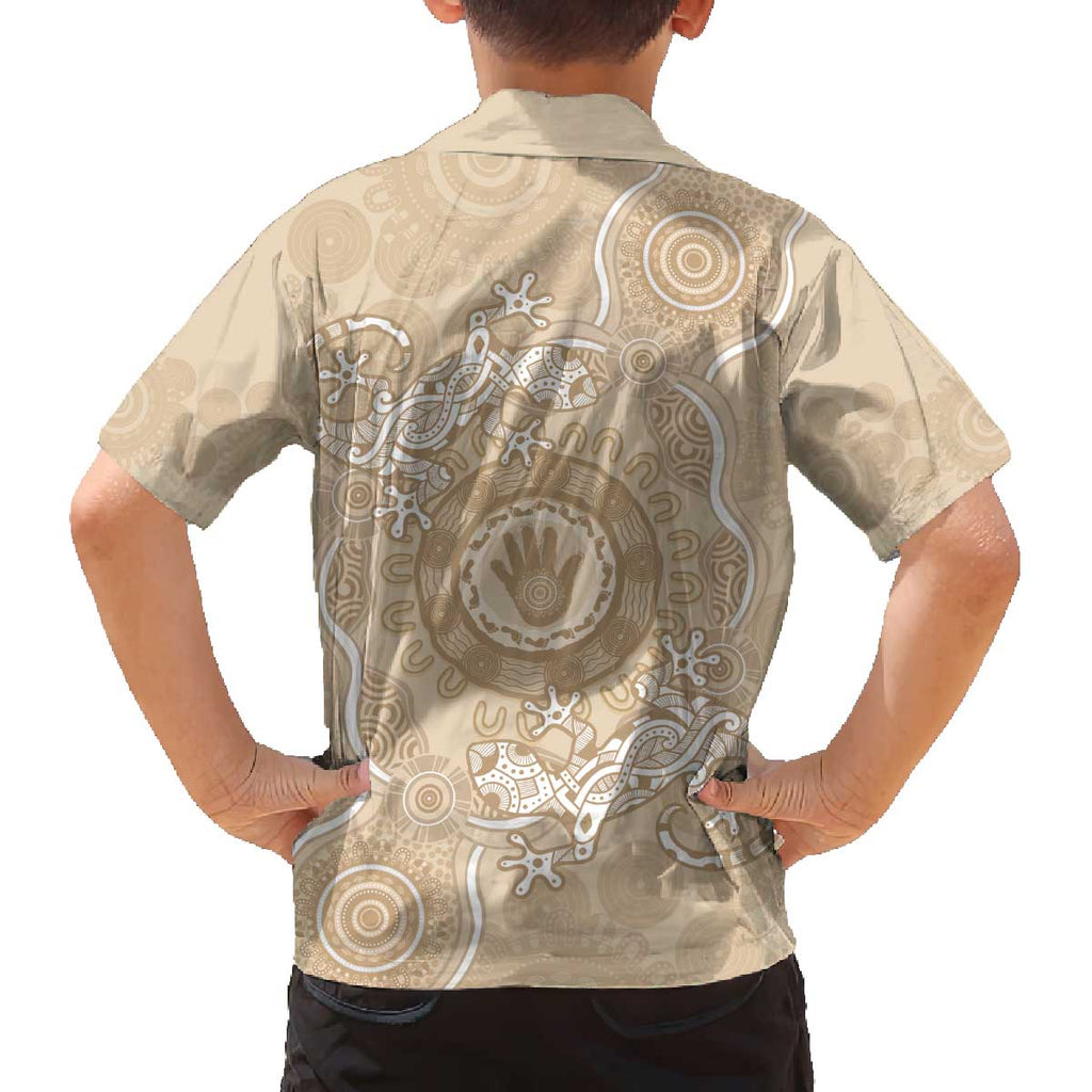 Beige Australia Lizard With Aboriginal Art Family Matching Off Shoulder Short Dress and Hawaiian Shirt
