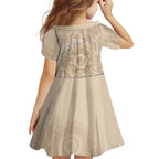 Beige Australia Lizard With Aboriginal Art Family Matching Off Shoulder Short Dress and Hawaiian Shirt