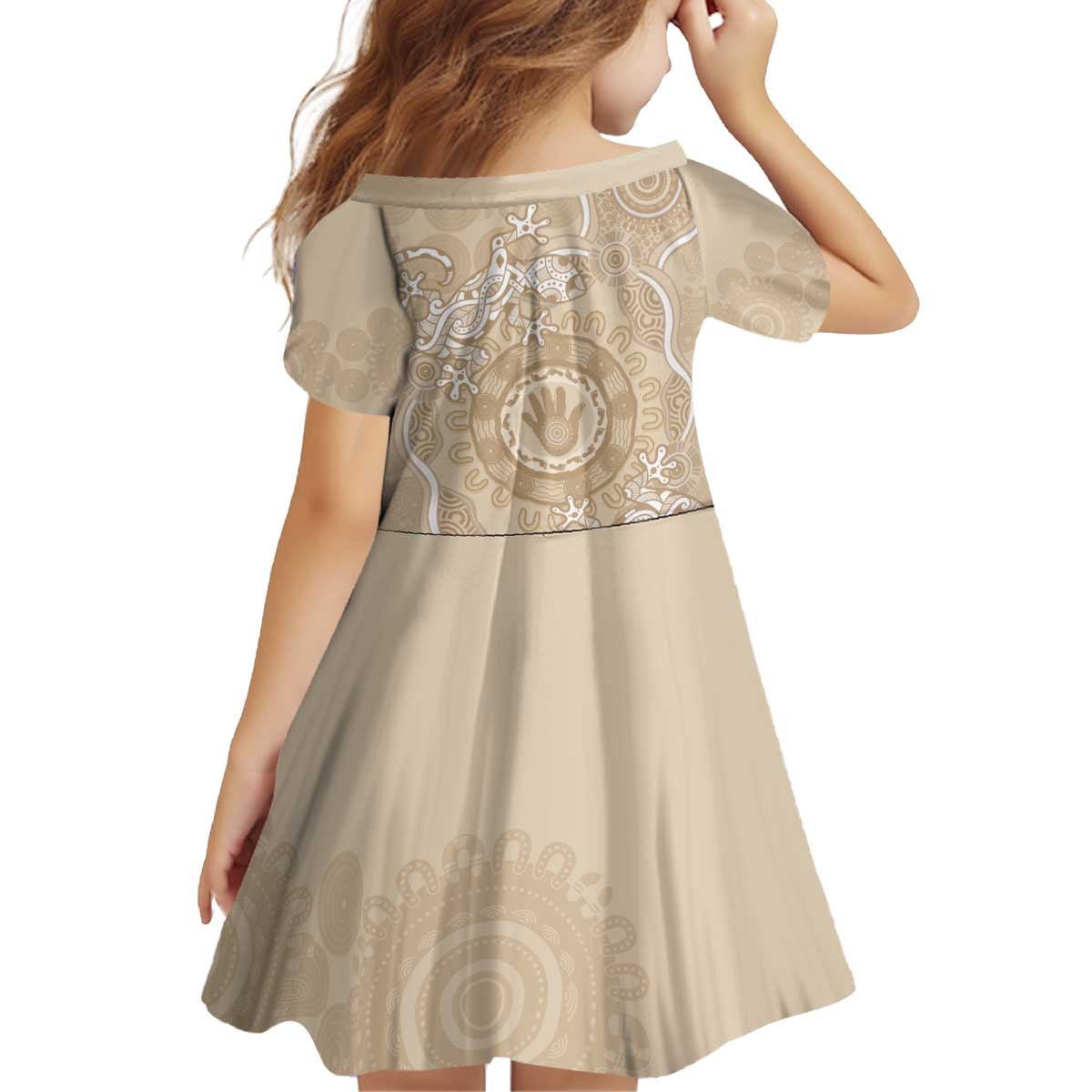 Beige Australia Lizard With Aboriginal Art Family Matching Off Shoulder Short Dress and Hawaiian Shirt