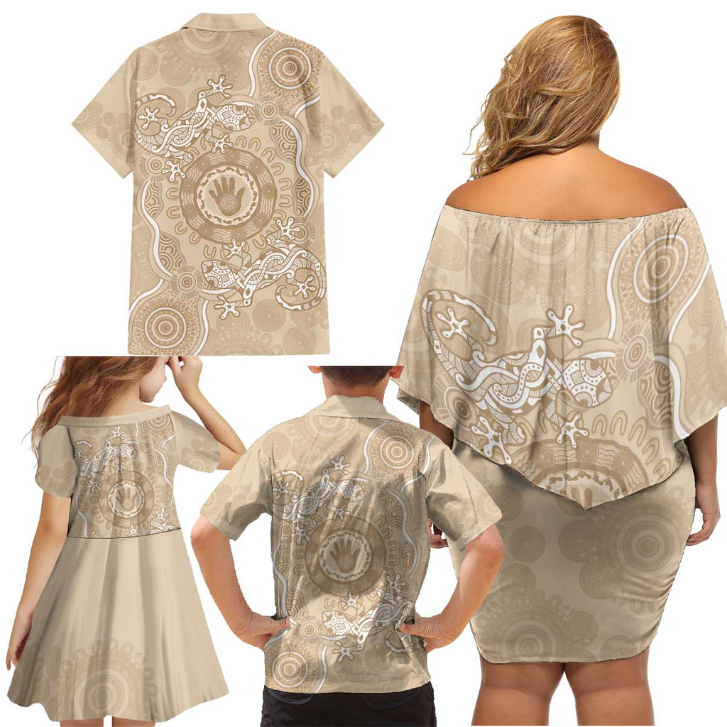 Beige Australia Lizard With Aboriginal Art Family Matching Off Shoulder Short Dress and Hawaiian Shirt