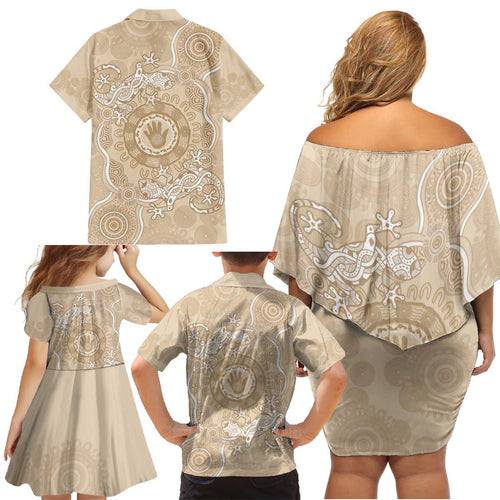Beige Australia Lizard With Aboriginal Art Family Matching Off Shoulder Short Dress and Hawaiian Shirt