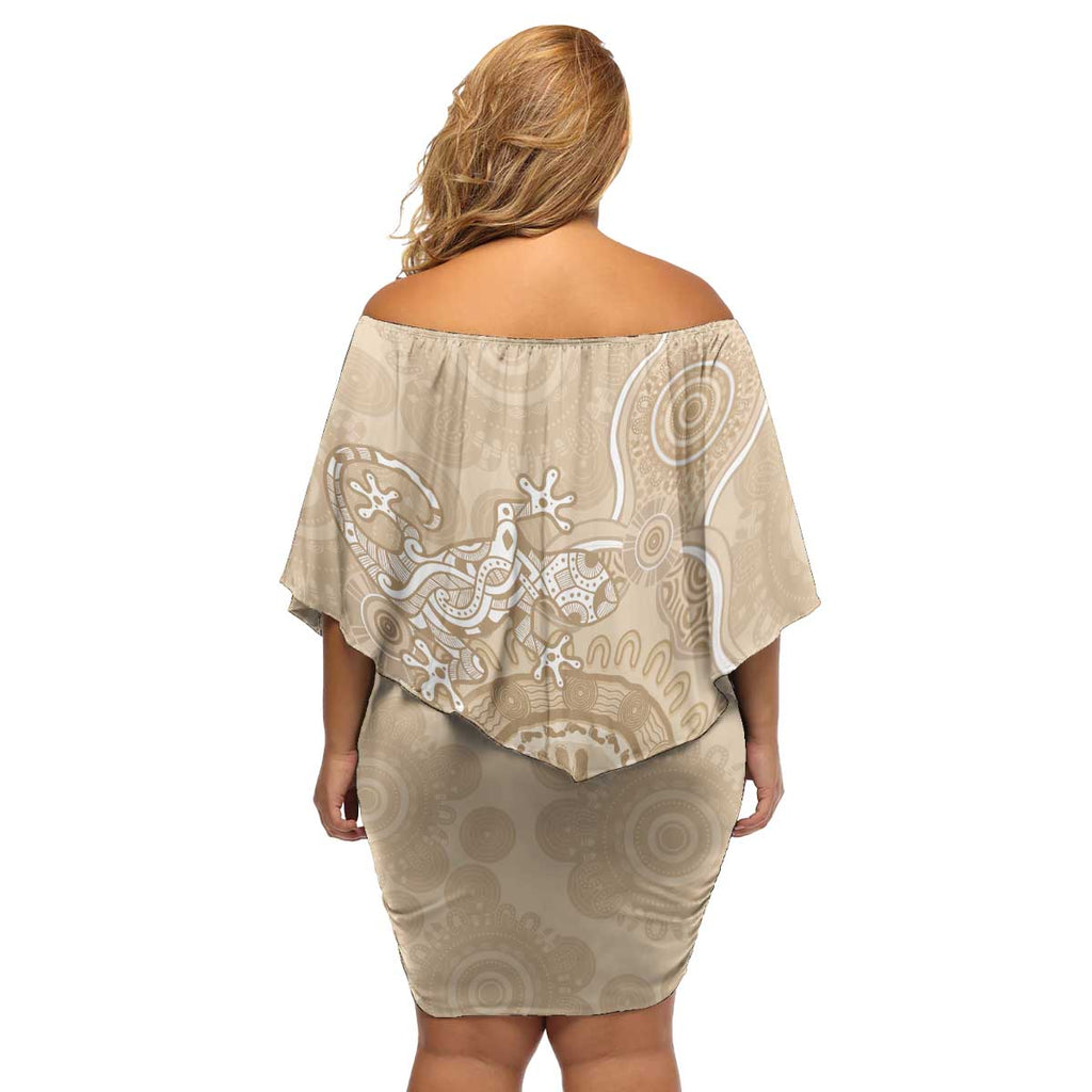 Beige Australia Lizard With Aboriginal Art Family Matching Off Shoulder Short Dress and Hawaiian Shirt