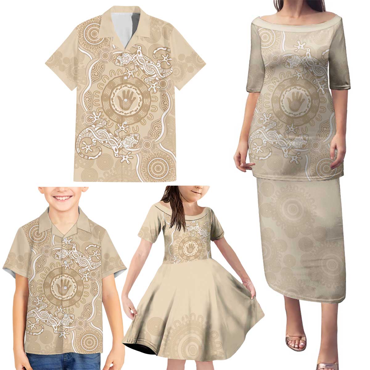 Beige Australia Lizard With Aboriginal Art Family Matching Puletasi and Hawaiian Shirt