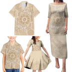 Beige Australia Lizard With Aboriginal Art Family Matching Puletasi and Hawaiian Shirt