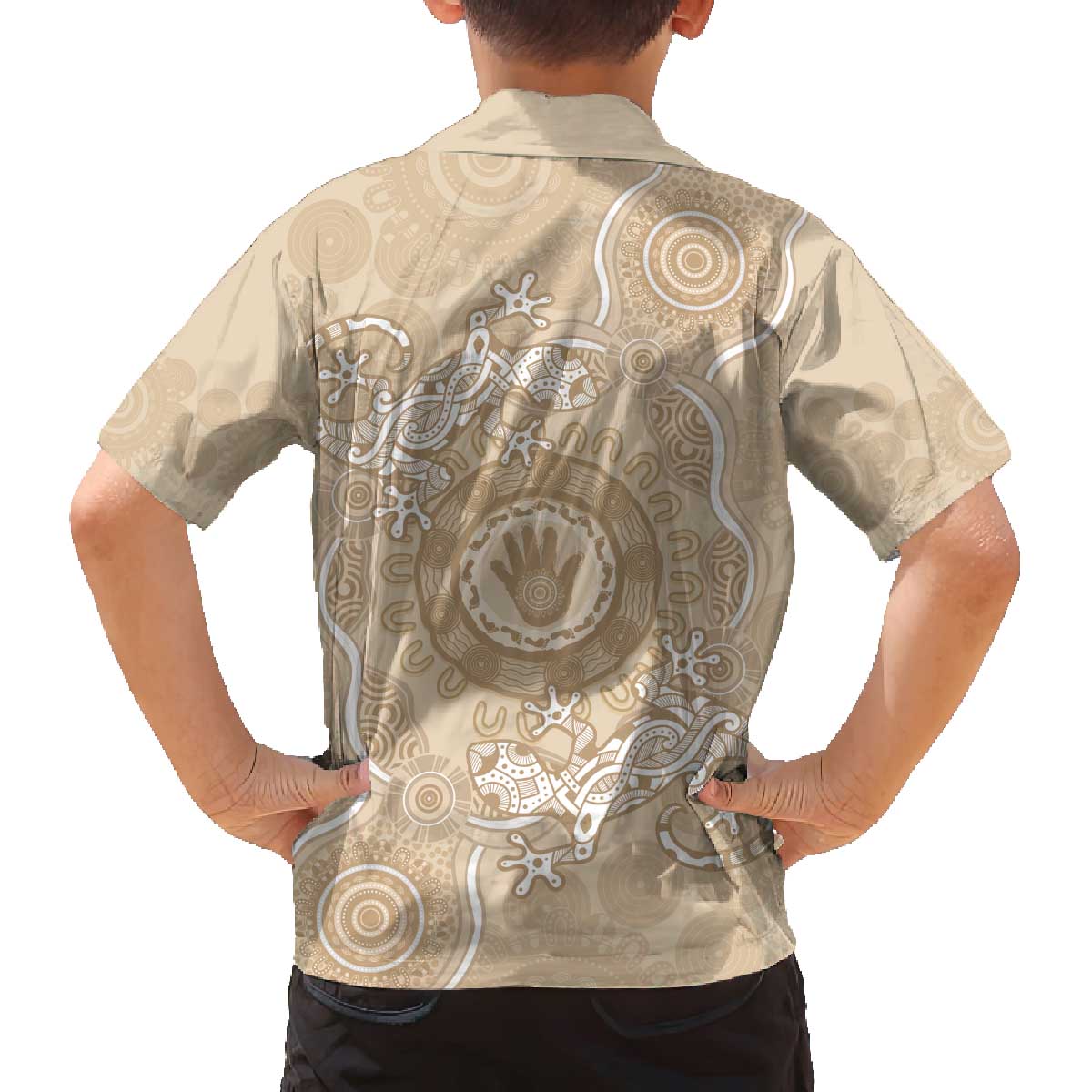 Beige Australia Lizard With Aboriginal Art Family Matching Puletasi and Hawaiian Shirt