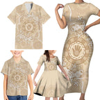 Beige Australia Lizard With Aboriginal Art Family Matching Short Sleeve Bodycon Dress and Hawaiian Shirt