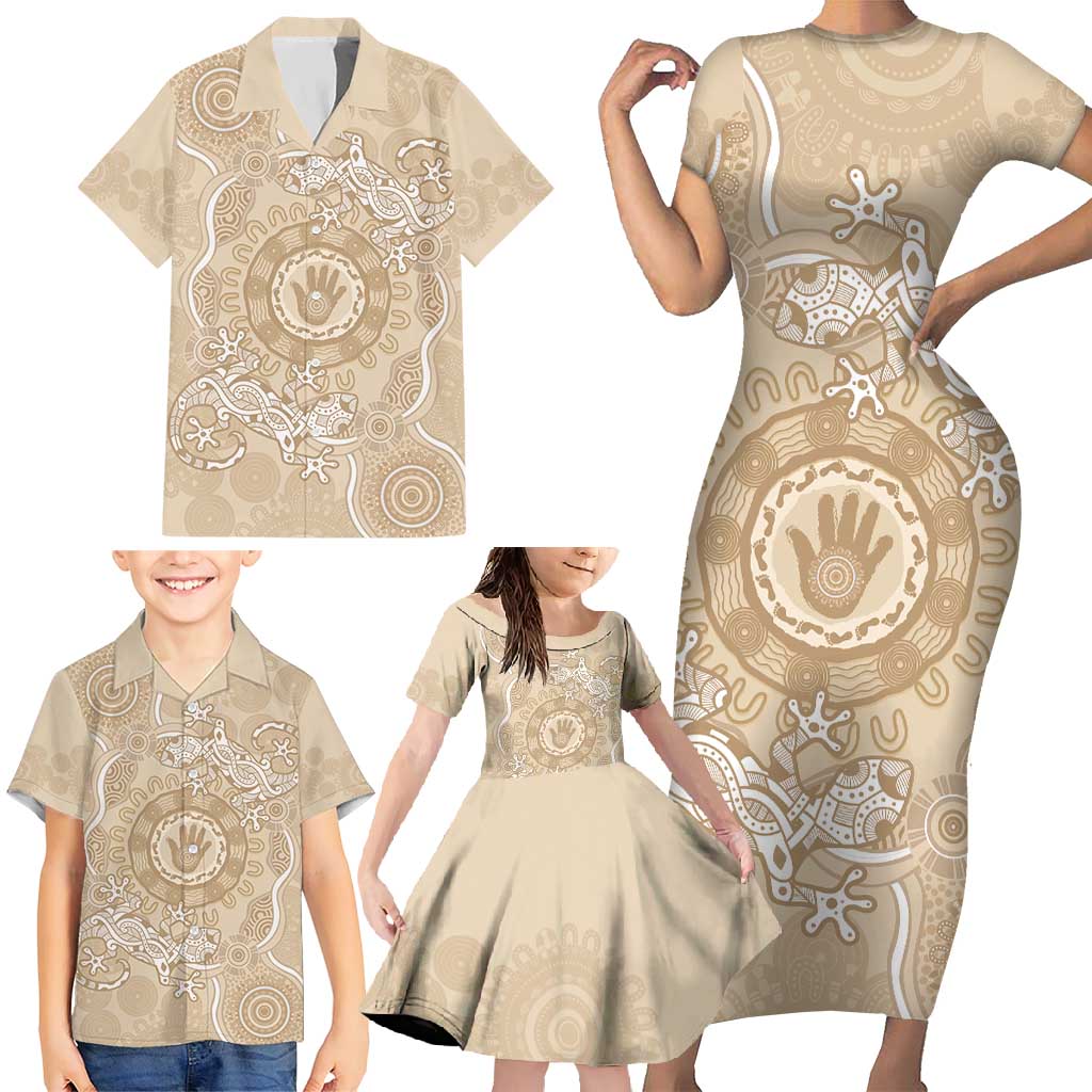 Beige Australia Lizard With Aboriginal Art Family Matching Short Sleeve Bodycon Dress and Hawaiian Shirt