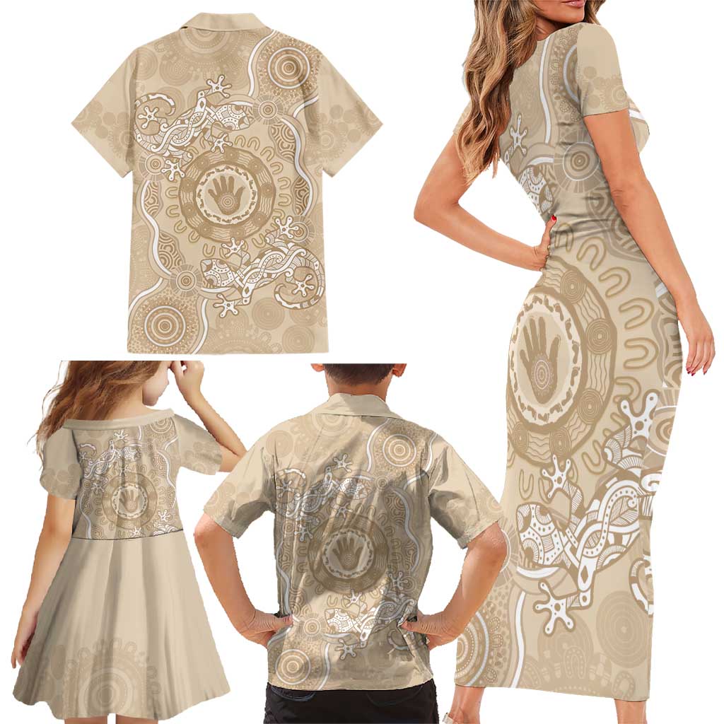 Beige Australia Lizard With Aboriginal Art Family Matching Short Sleeve Bodycon Dress and Hawaiian Shirt