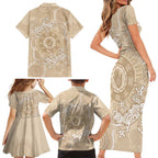 Beige Australia Lizard With Aboriginal Art Family Matching Short Sleeve Bodycon Dress and Hawaiian Shirt