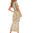 Beige Australia Lizard With Aboriginal Art Family Matching Short Sleeve Bodycon Dress and Hawaiian Shirt
