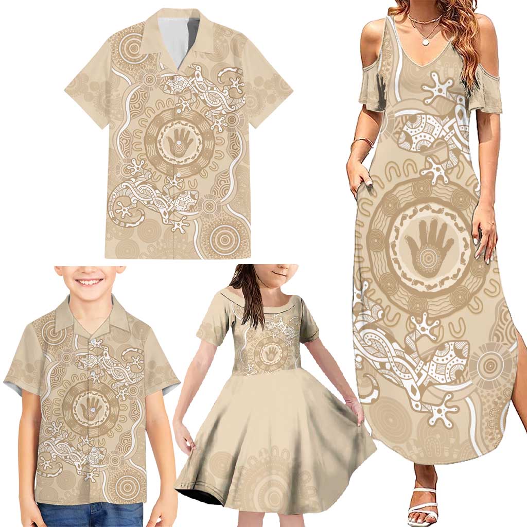 Beige Australia Lizard With Aboriginal Art Family Matching Summer Maxi Dress and Hawaiian Shirt