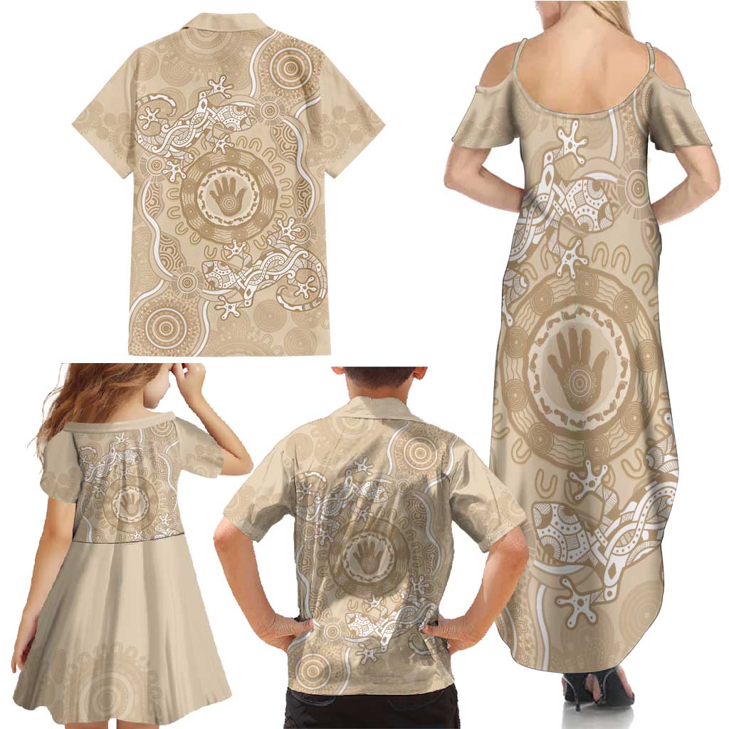 Beige Australia Lizard With Aboriginal Art Family Matching Summer Maxi Dress and Hawaiian Shirt