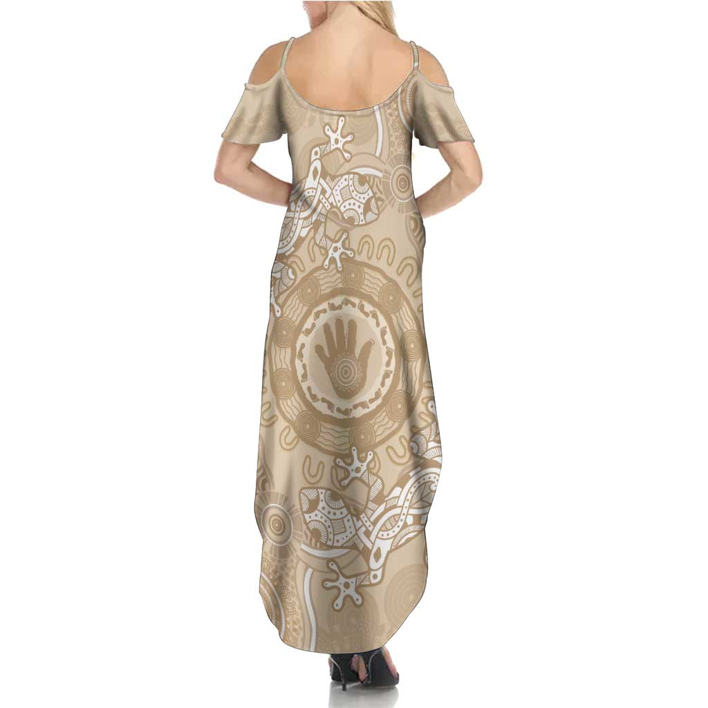 Beige Australia Lizard With Aboriginal Art Family Matching Summer Maxi Dress and Hawaiian Shirt