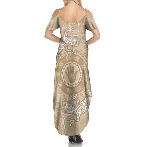 Beige Australia Lizard With Aboriginal Art Family Matching Summer Maxi Dress and Hawaiian Shirt
