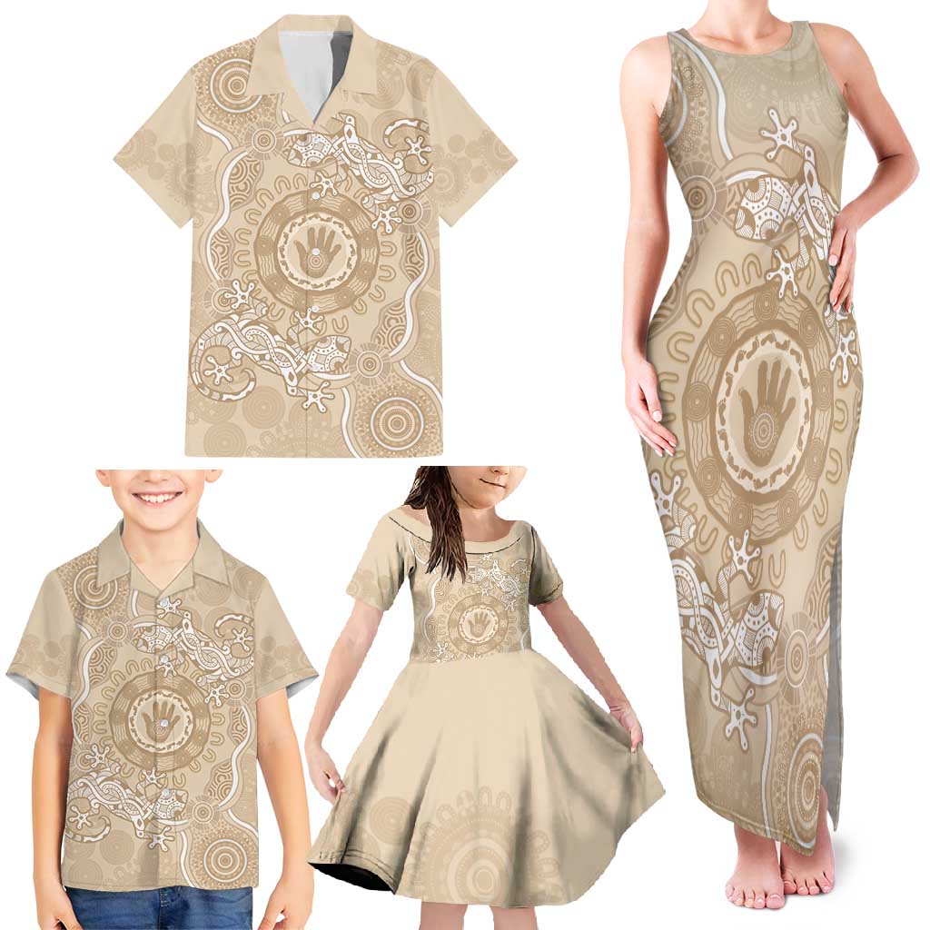 Beige Australia Lizard With Aboriginal Art Family Matching Tank Maxi Dress and Hawaiian Shirt