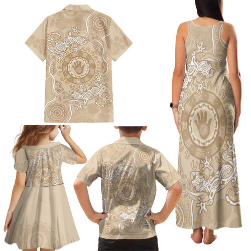 Beige Australia Lizard With Aboriginal Art Family Matching Tank Maxi Dress and Hawaiian Shirt