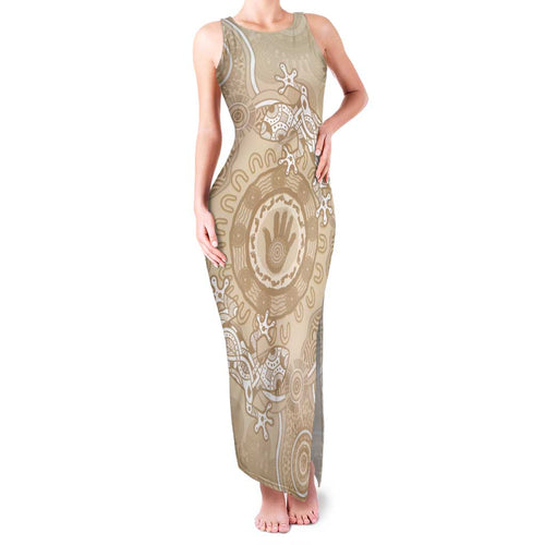 Beige Australia Lizard With Aboriginal Art Family Matching Tank Maxi Dress and Hawaiian Shirt