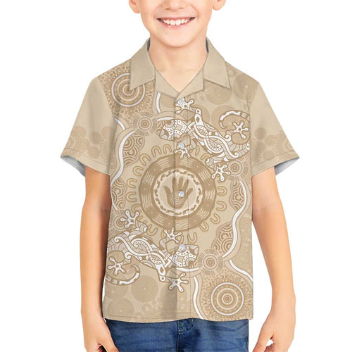 Beige Australia Lizard With Aboriginal Art Family Matching Tank Maxi Dress and Hawaiian Shirt