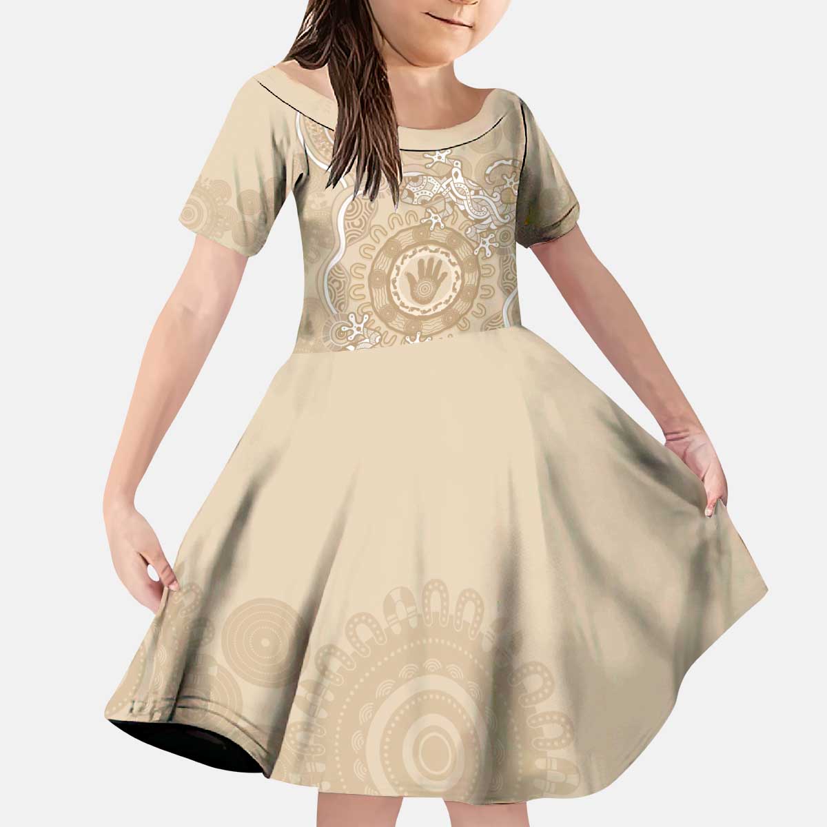 Beige Australia Lizard With Aboriginal Art Kid Short Sleeve Dress