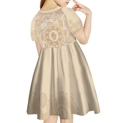 Beige Australia Lizard With Aboriginal Art Kid Short Sleeve Dress