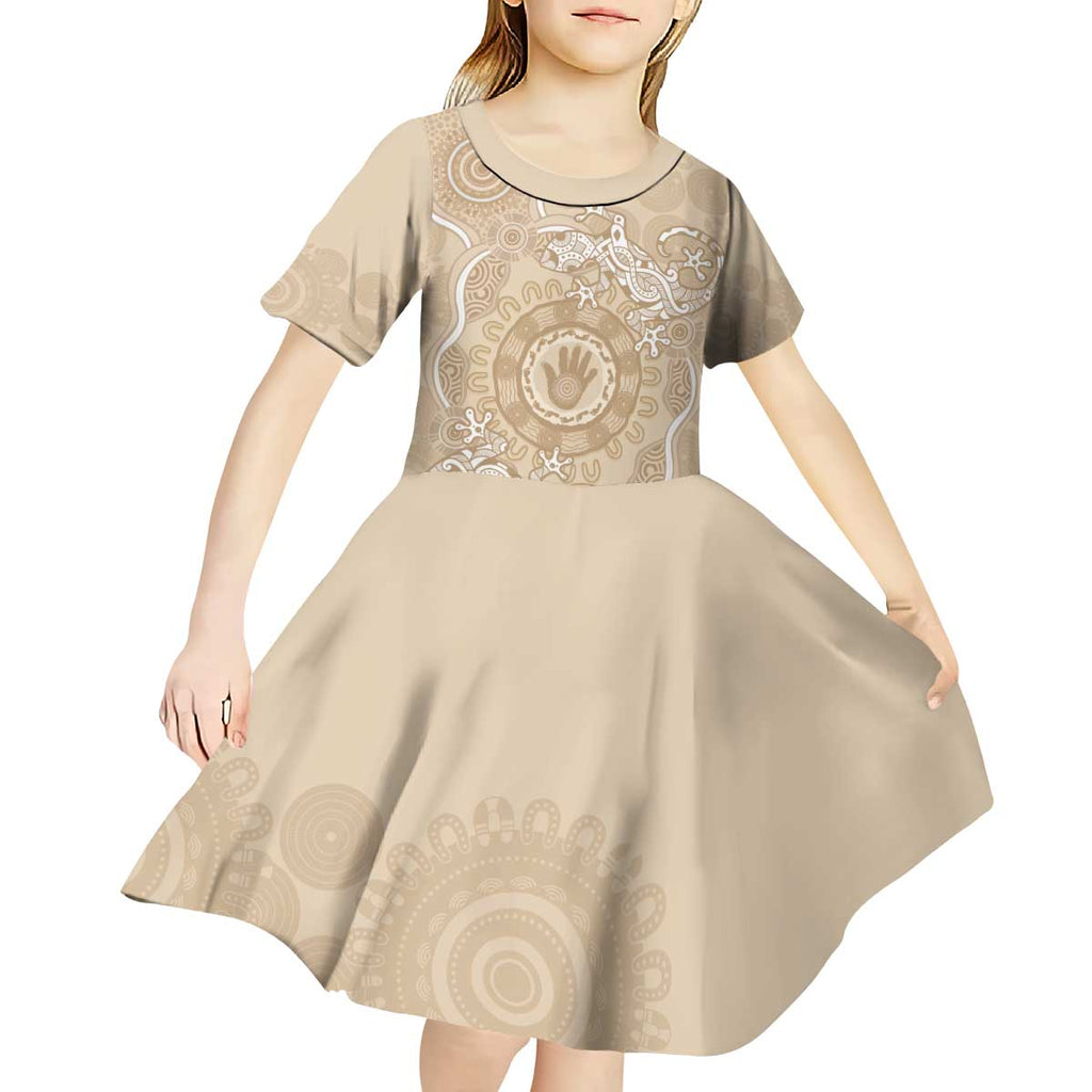 Beige Australia Lizard With Aboriginal Art Kid Short Sleeve Dress