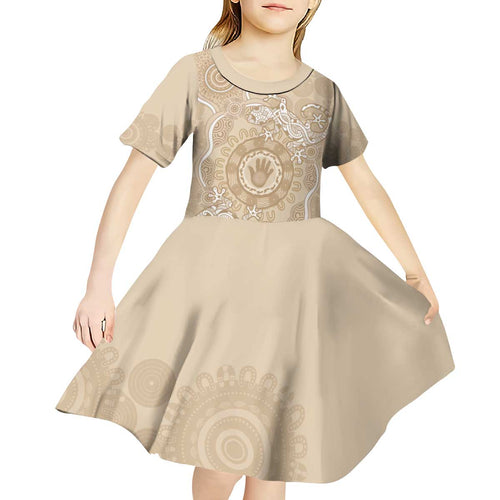 Beige Australia Lizard With Aboriginal Art Kid Short Sleeve Dress