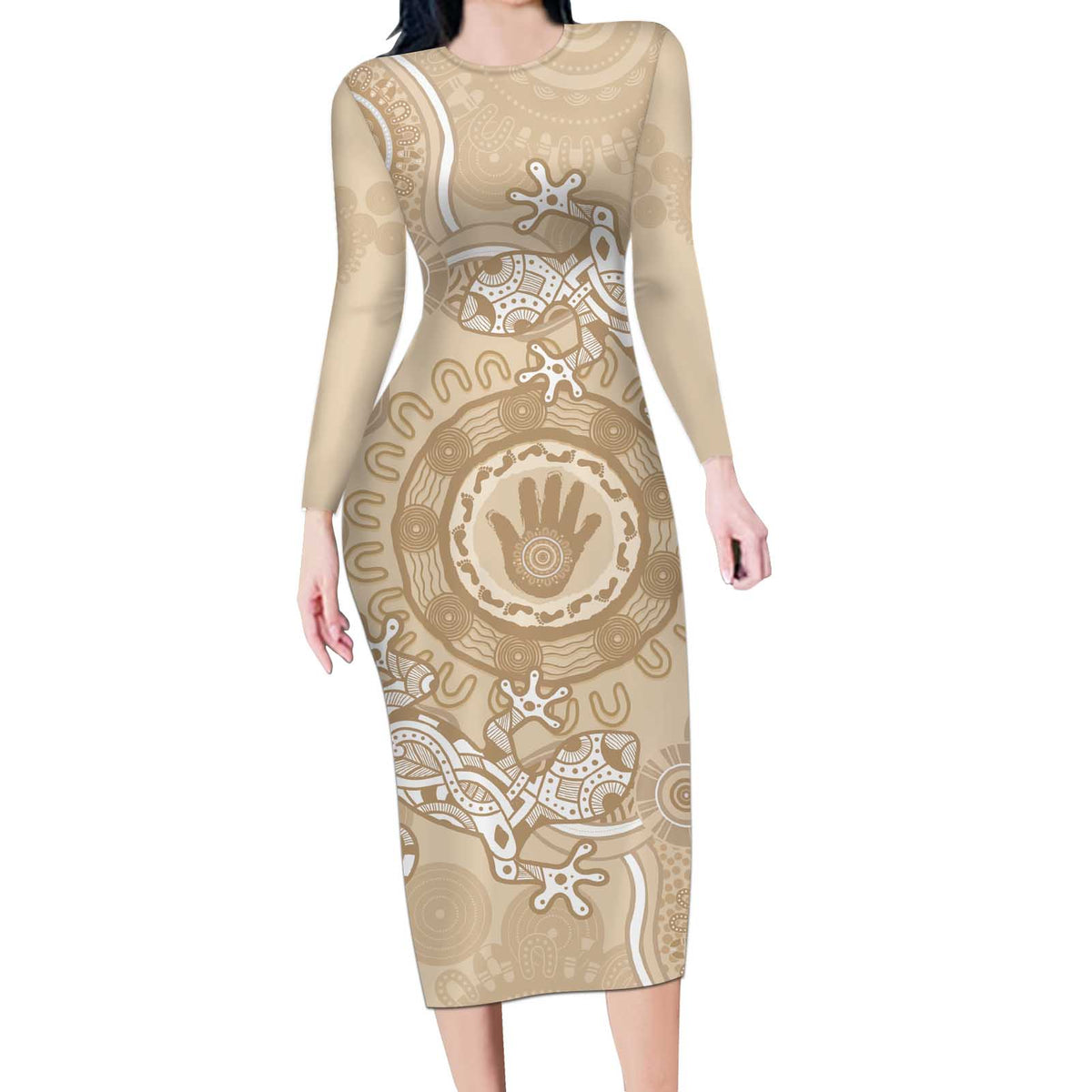 Beige Australia Lizard With Aboriginal Art Long Sleeve Bodycon Dress