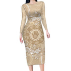 Beige Australia Lizard With Aboriginal Art Long Sleeve Bodycon Dress
