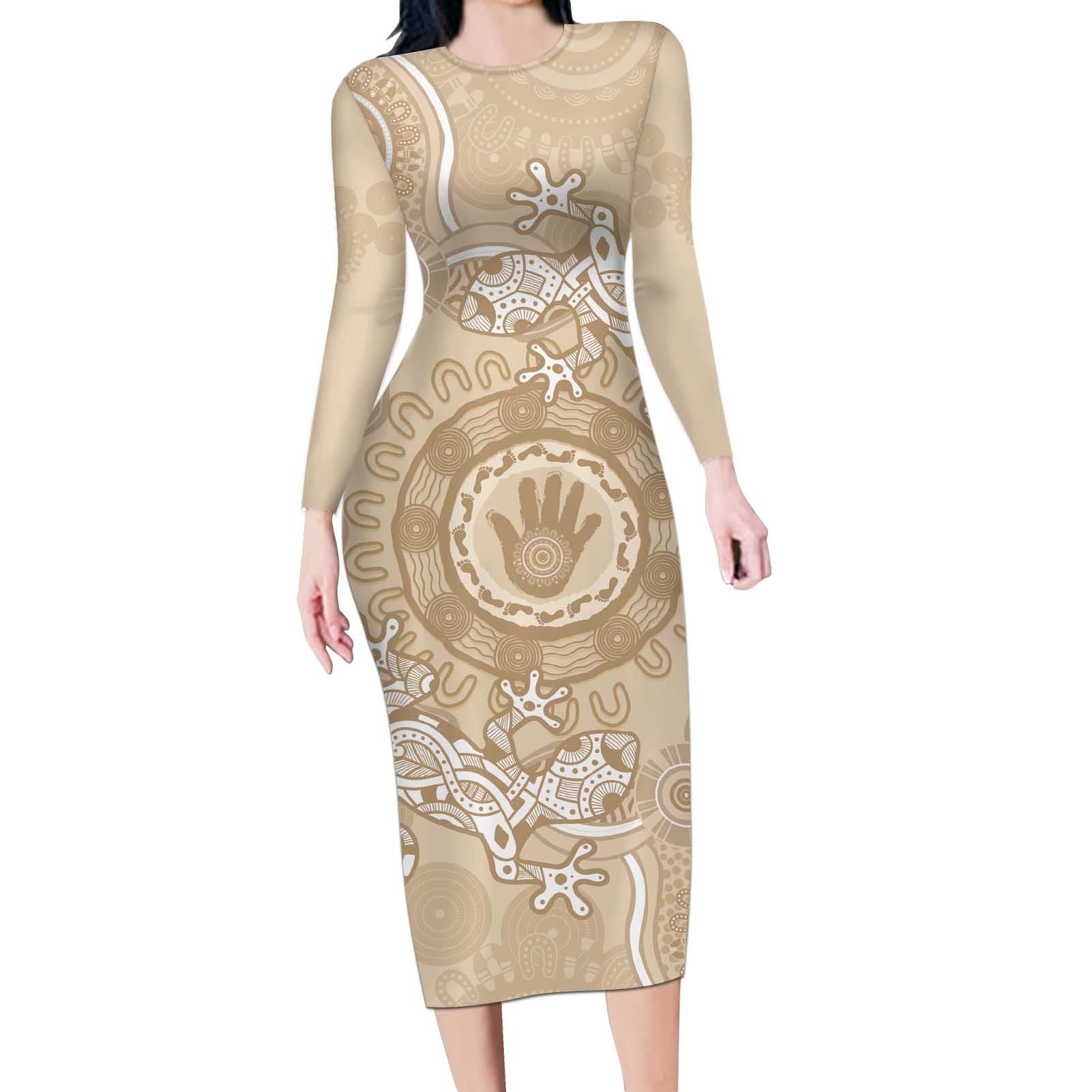 Beige Australia Lizard With Aboriginal Art Long Sleeve Bodycon Dress