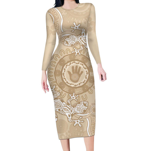 Beige Australia Lizard With Aboriginal Art Long Sleeve Bodycon Dress