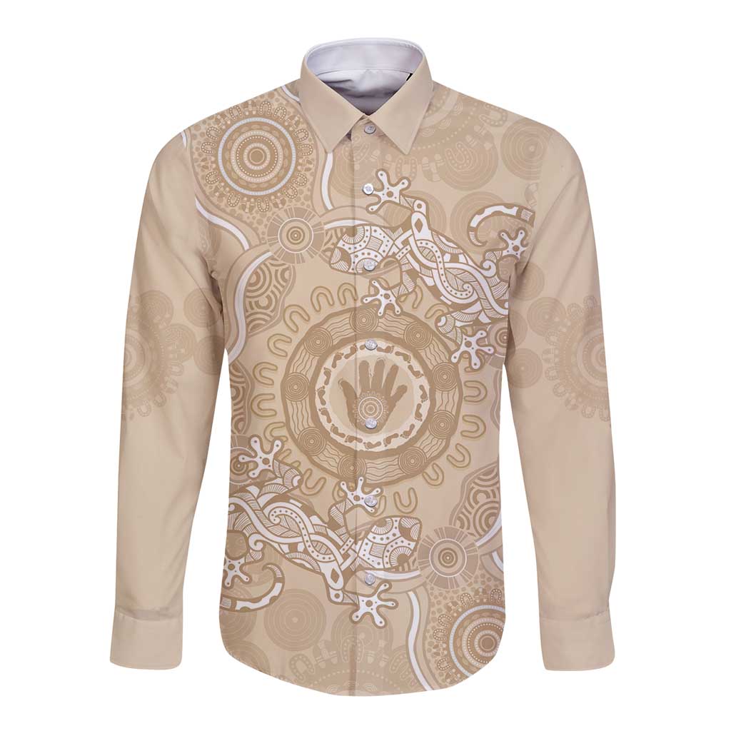 Beige Australia Lizard With Aboriginal Art Long Sleeve Button Shirt