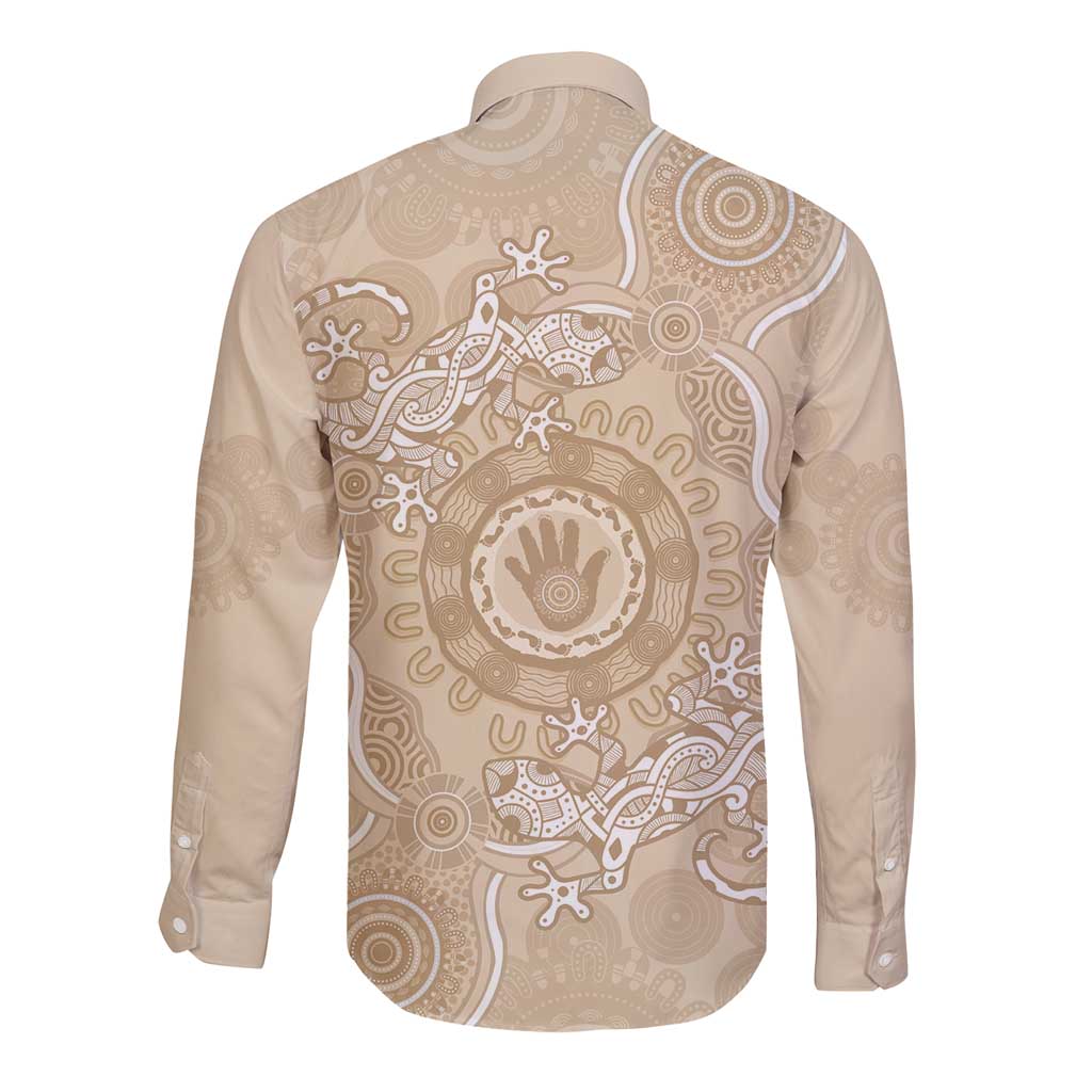 Beige Australia Lizard With Aboriginal Art Long Sleeve Button Shirt