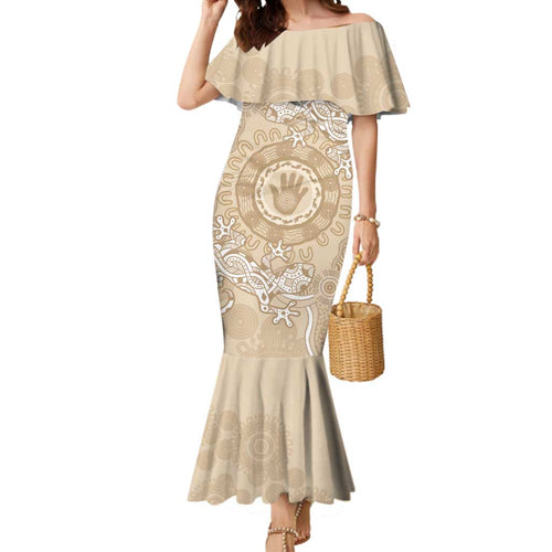 Beige Australia Lizard With Aboriginal Art Mermaid Dress