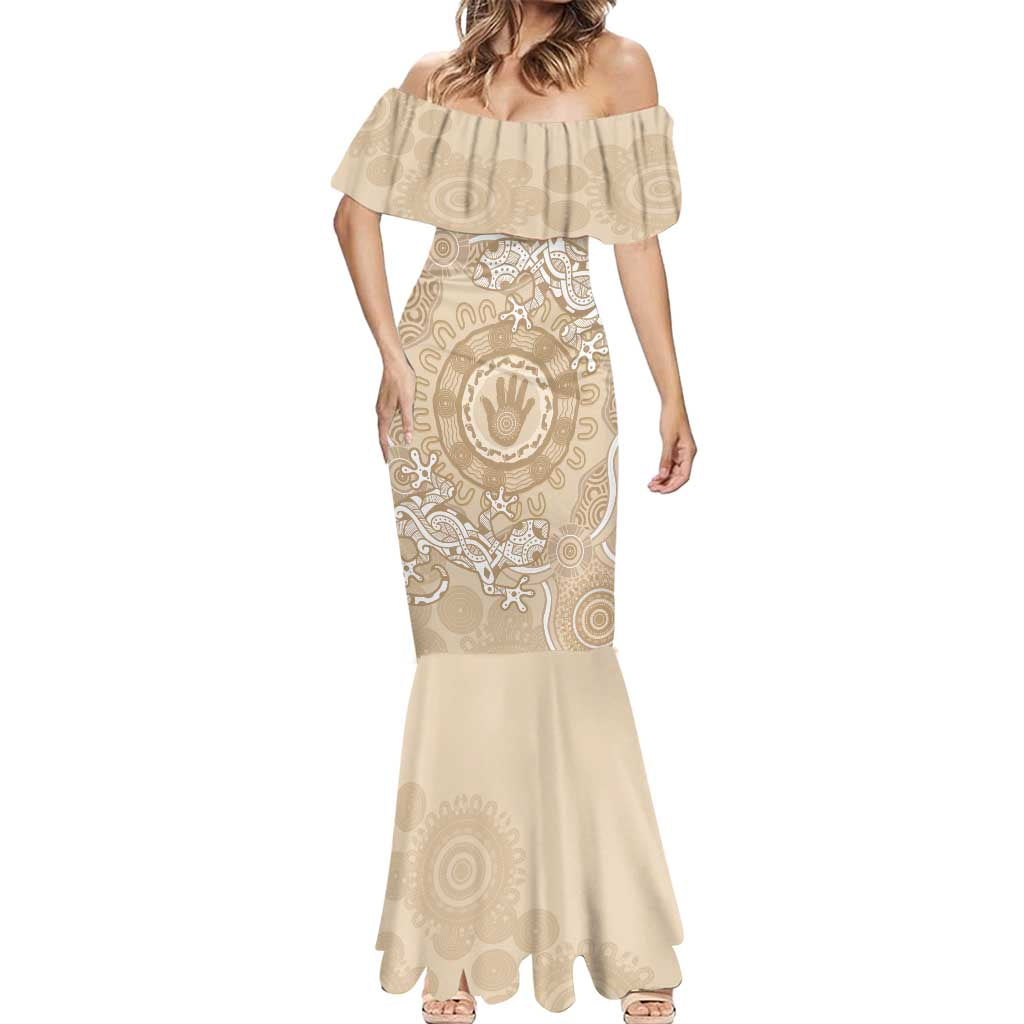 Beige Australia Lizard With Aboriginal Art Mermaid Dress