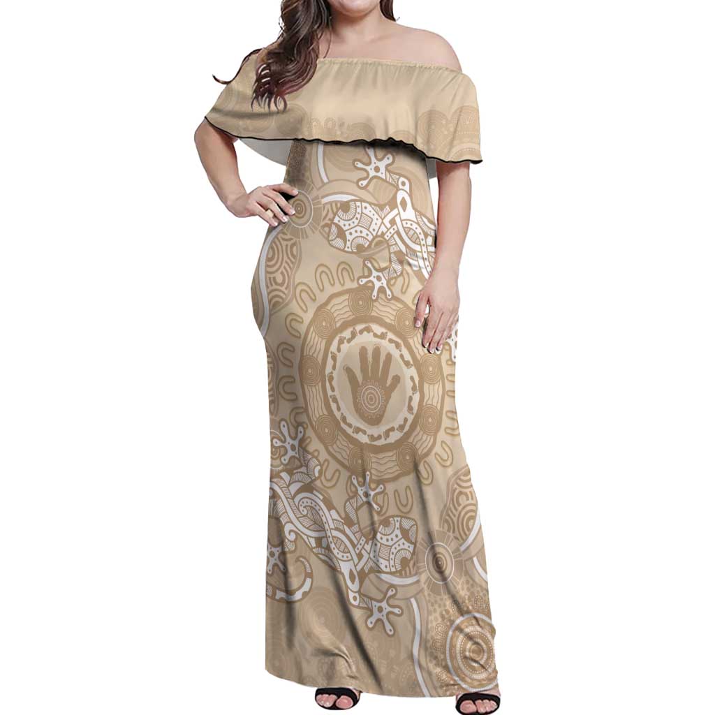 Beige Australia Lizard With Aboriginal Art Off Shoulder Maxi Dress