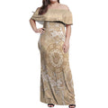 Beige Australia Lizard With Aboriginal Art Off Shoulder Maxi Dress
