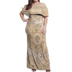 Beige Australia Lizard With Aboriginal Art Off Shoulder Maxi Dress