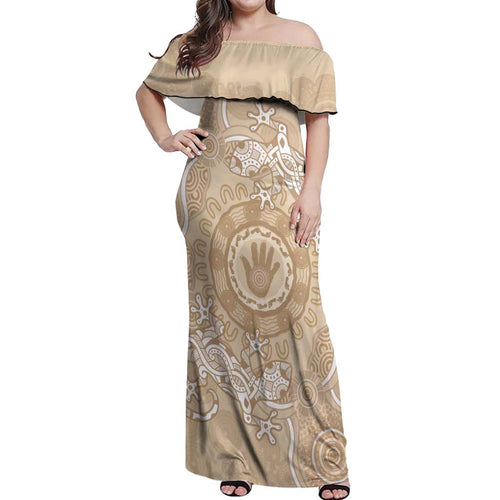 Beige Australia Lizard With Aboriginal Art Off Shoulder Maxi Dress