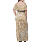 Beige Australia Lizard With Aboriginal Art Off Shoulder Maxi Dress