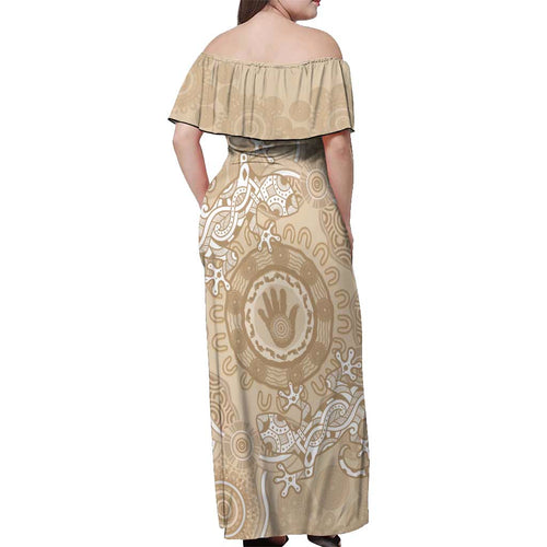 Beige Australia Lizard With Aboriginal Art Off Shoulder Maxi Dress
