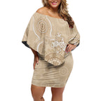 Beige Australia Lizard With Aboriginal Art Off Shoulder Short Dress