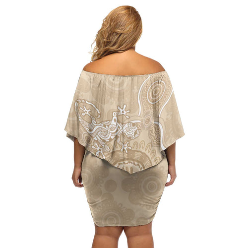 Beige Australia Lizard With Aboriginal Art Off Shoulder Short Dress