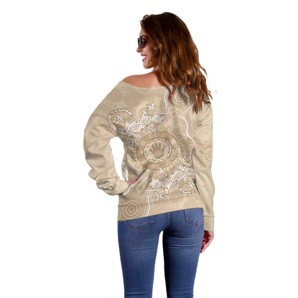 Beige Australia Lizard With Aboriginal Art Off Shoulder Sweater