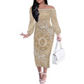 Beige Australia Lizard With Aboriginal Art Off The Shoulder Long Sleeve Dress