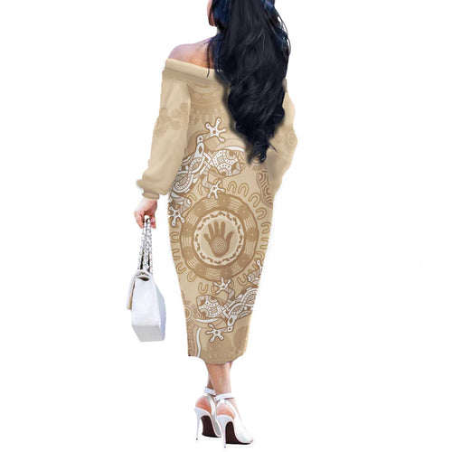 Beige Australia Lizard With Aboriginal Art Off The Shoulder Long Sleeve Dress