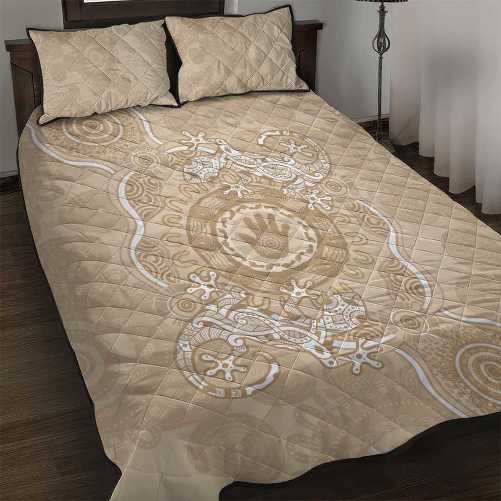Beige Australia Lizard With Aboriginal Art Quilt Bed Set
