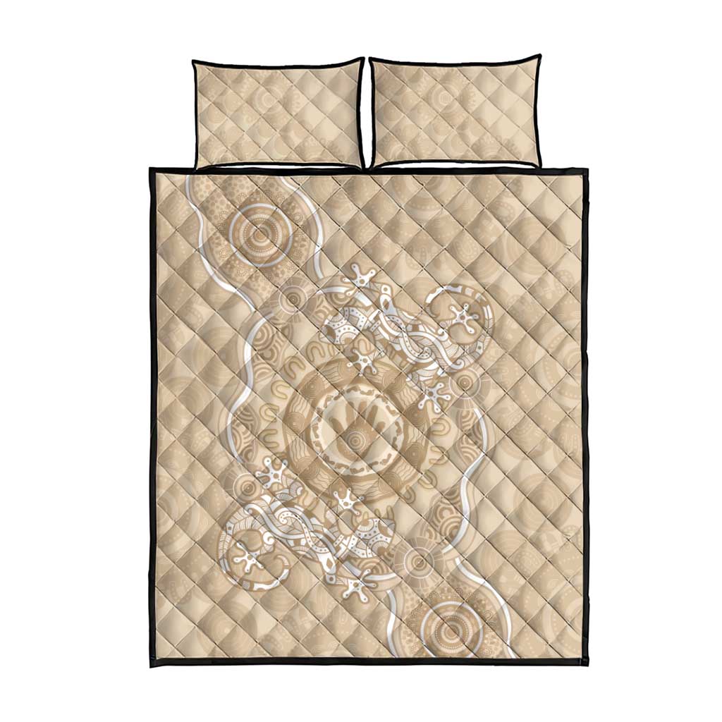 Beige Australia Lizard With Aboriginal Art Quilt Bed Set